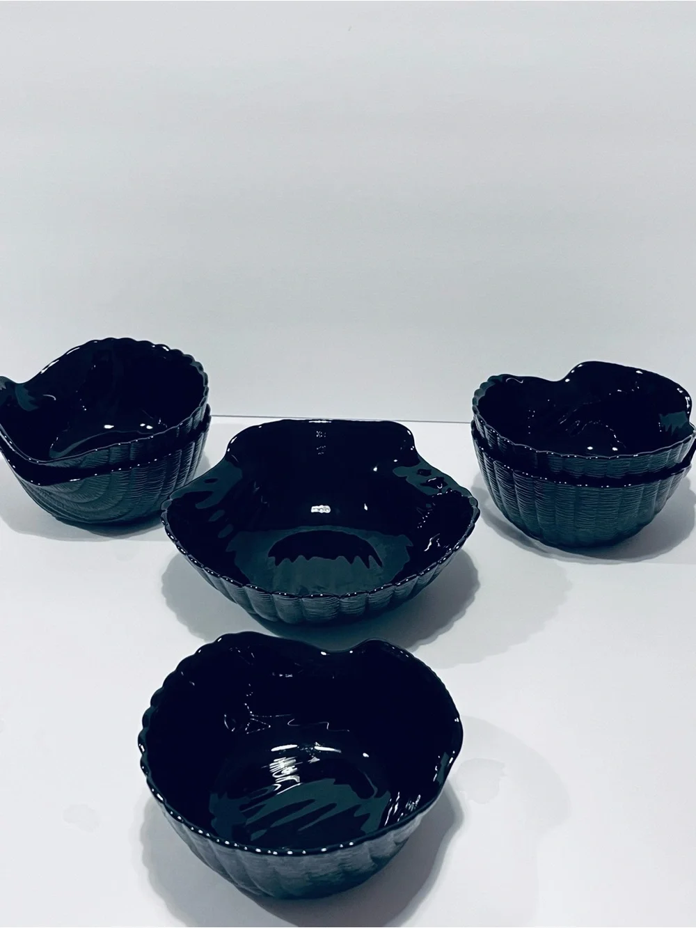 Vintage Arcoroc Coquillage Black Glass Sea Shell Set of 7 Serving Bowls